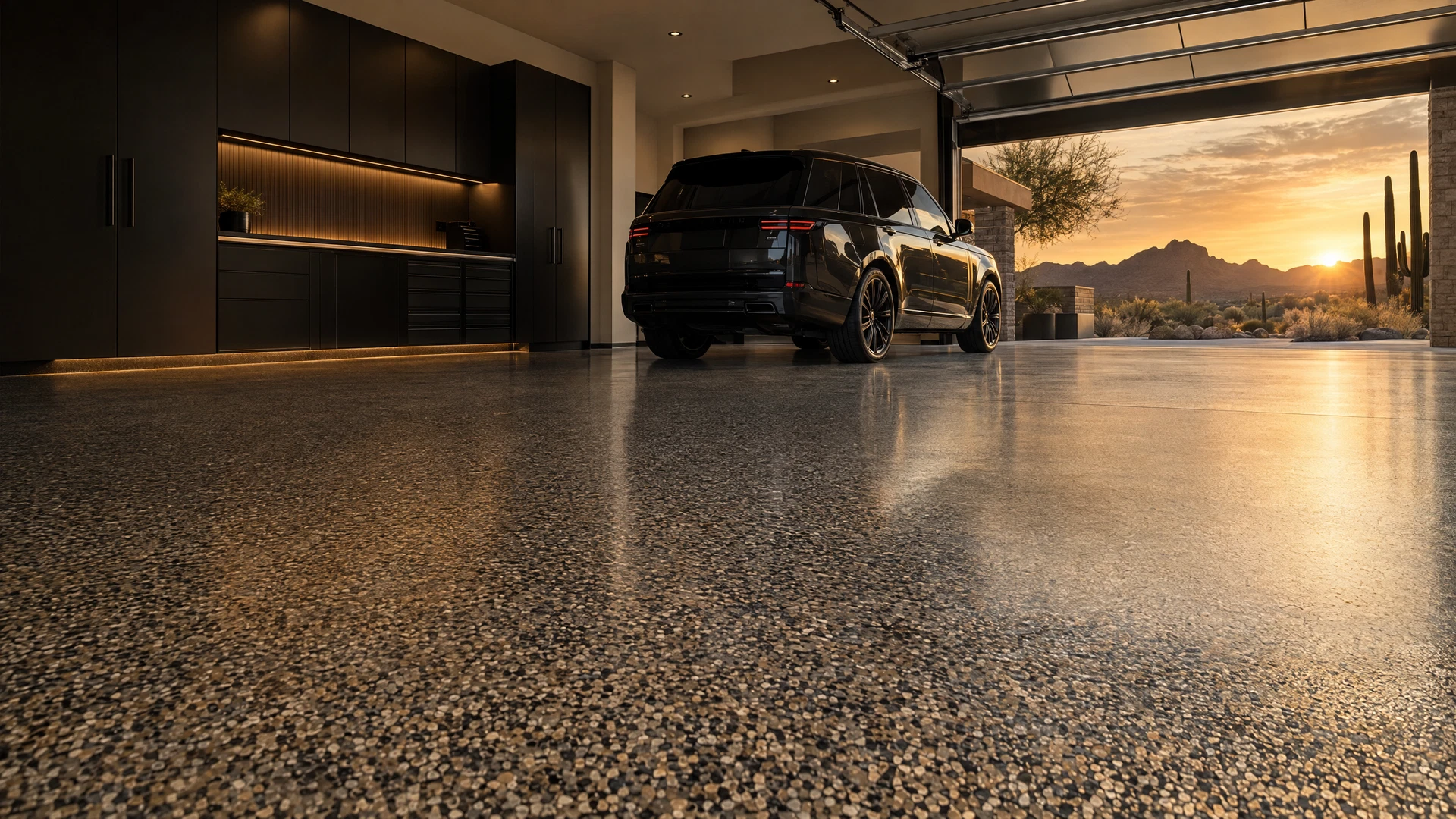 A refined desert-modern garage with a premium epoxy floor