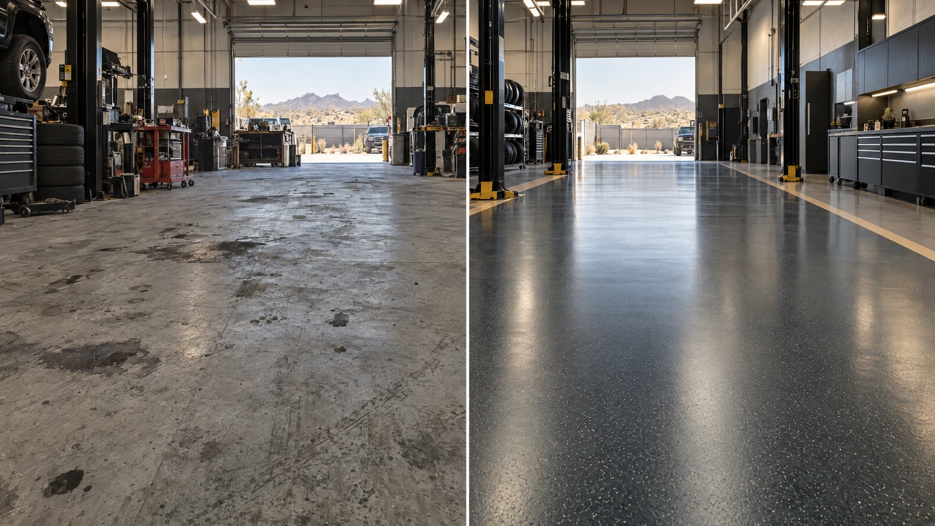 Commercial workshop transformation from worn concrete to a polished epoxy floor